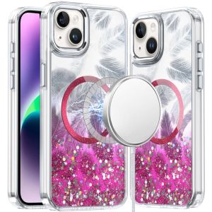For iPhone 13 6.1 Epoxy Glitter Shimmer [Magnetic Circle] Hybrid Case - Hot Pink