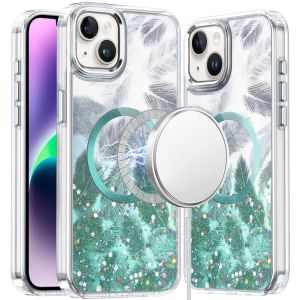 For iPhone 13 6.1 Epoxy Glitter Shimmer [Magnetic Circle] Hybrid Case - Light Green
