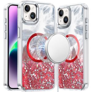 For iPhone 13 6.1 Epoxy Glitter Shimmer [Magnetic Circle] Hybrid Case - Red