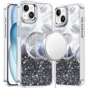 For iPhone 15 Epoxy Glitter Shimmer [Magnetic Circle] Hybrid Case - Black
