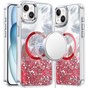 For iPhone 15 Epoxy Glitter Shimmer [Magnetic Circle] Hybrid Case - Red