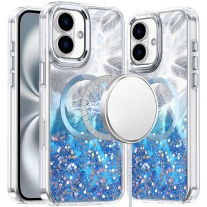 For iPhone 16 6.1 inch Epoxy Glitter Shimmer [Magnetic Circle] Hybrid Case - Dark Blue