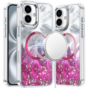 For iPhone 16 6.1 inch Epoxy Glitter Shimmer [Magnetic Circle] Hybrid Case - Hot Pink