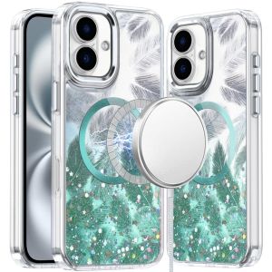 For iPhone 16 6.1 inch Epoxy Glitter Shimmer [Magnetic Circle] Hybrid Case - Light Green