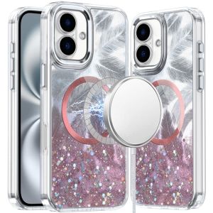For iPhone 16 6.1 inch Epoxy Glitter Shimmer [Magnetic Circle] Hybrid Case - Light Pink