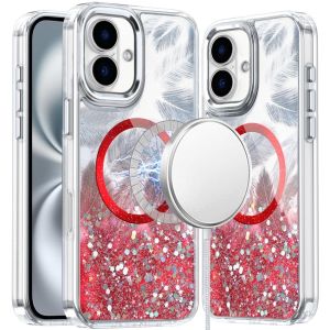 For iPhone 16 6.1 inch Epoxy Glitter Shimmer [Magnetic Circle] Hybrid Case - Red