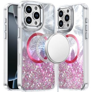 For iPhone 16 Pro Max 6.9 inch Epoxy Glitter Shimmer [Magnetic Circle] Hybrid Case - Hot Pink