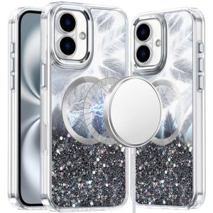 For iPhone 16 Plus 6.7 inch Epoxy Glitter Shimmer [Magnetic Circle] Hybrid Case - Black