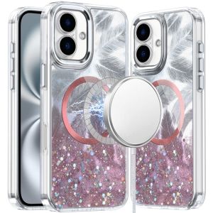 For iPhone 16 Plus 6.7 inch Epoxy Glitter Shimmer [Magnetic Circle] Hybrid Case - Light Pink