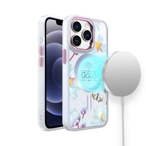 For iPhone 14 PRO 6.1" Design Quotation [Magnetic Circle] Transparent Shockproof Hybrid - Floral A