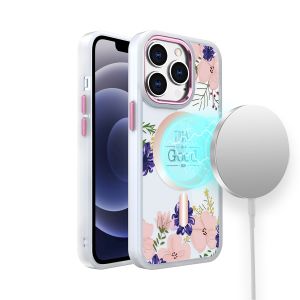 For iPhone 14 PRO 6.1" Design Quotation [Magnetic Circle] Transparent Shockproof Hybrid - Floral E
