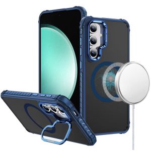 For Samsung s23 FE 5G ShatterProof HQ Metal Camera Ring [Magnetic Circle] with Colorful Edged Bar Case - Dark Blue