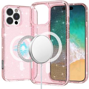 For iPhone 16 6.1 inch Glitter Ultra [Magnetic Circle] Thick 3mm Transparent Hybrid - Pink