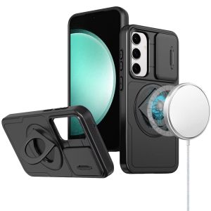 For Samsung s23 FE 5G Trendy Full Coverage with Camera Window [Magnetic Circle] with Rotational Ring Stand Hybrid Case - Black