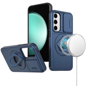For Samsung s23 FE 5G Trendy Full Coverage with Camera Window [Magnetic Circle] with Rotational Ring Stand Hybrid Case - Navy Blue