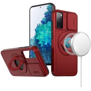 For Samsung Galaxy S20 FE 5G Trendy Full Coverage with Camera Window [Magnetic Circle] with Rotational Ring Stand Hybrid Case - Red