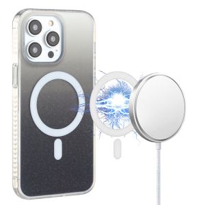 For iPhone 14 PRO 6.1" Two Tone Frosted Glitter [Magnetic Circle] Hybrid Case Frosted Hybrid - Black