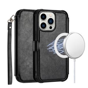 For iPhone 14 PRO 6.1" [Magnetic Circle] Wallet For ID and Credit Cards With Lanyard - Black