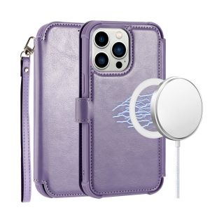 For iPhone 14 PRO 6.1" [Magnetic Circle] Wallet For ID and Credit Cards With Lanyard - Light Purple