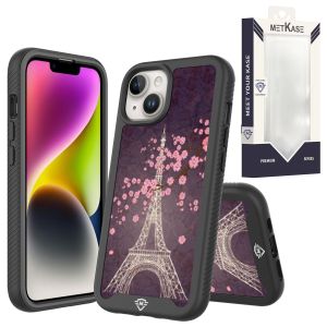 For iPhone 15 Pro METKASE Premium Exotic Design Hybrid Case in Slide-Out Package - Dark Grunge Eiffel Tower Paris Sakura Flowers