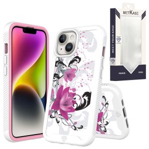 For iPhone 15 Pro METKASE Premium Exotic Design Hybrid Case in Slide-Out Package - Rose Pink Floral