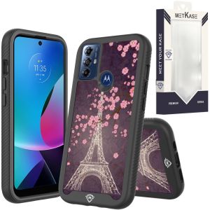 For Motorola Moto G Play 2023 METKASE Premium Exotic Design Hybrid Case in Slide-Out Package - Dark Grunge Eiffel Tower Paris Sakura Flowers