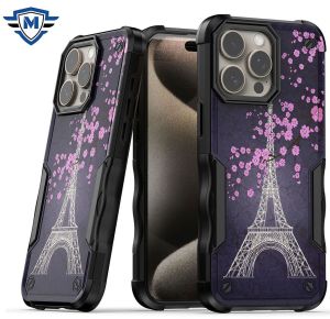 For iPhone 14 PRO MAX 6.7" METKASE Premium Exquisite Design Hybrid in Slide-Out Package - Dark Grunge Eiffel Tower Paris Sakura Flowers