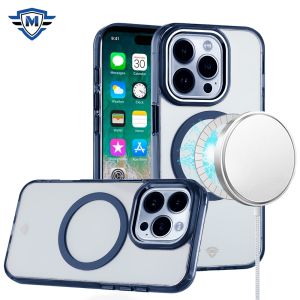 For iPhone 16 Pro Max 6.9 inch METKASE Magnetic Circle Ring Transparent Premium Acrylic Case Cover with Metal Buttons & Camera Raised Lip in Slide-Out Package - Blue