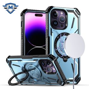 For iPhone 12/12 PRO METKASE Magnetic Ring Stand Premium Ultra Rugged ShockProof Hybrid in Slide-Out Package -Light Blue