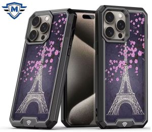 For iP15 Pro Max METKASE Premium RANK Design Fused Hybrid in Slide-Out Package - Dark Grunge Eiffel Tower Paris Sakura Flowers