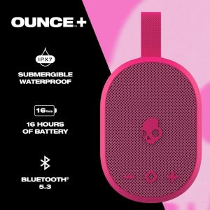 Skullcandy Ounce+ Wireless Bluetooth Speaker - IPX7 Waterproof Mini Portable Speaker with 16 Hour Battery, True Wireless Stereo, and Ballistic Nylon Carry Strap - PINK