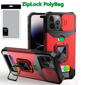 [PolyBag] For iPhone 14 Pro Max Multi-Functional Card Magnetic Ring Stand Hybrid Camera - Red