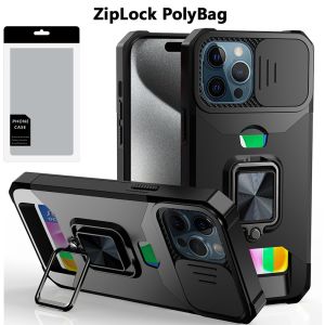 [PolyBag] For iP15 Pro Max Multi-Functional Card Magnetic Ring Stand Hybrid Camera - Black