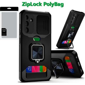 [PolyBag] For Samsung A16 5G Multi-Functional Card Magnetic Ring Stand Hybrid Camera Case Cover - Black