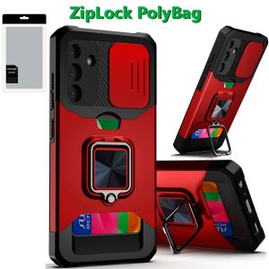 [PolyBag] For Samsung Galaxy A26 Multi-Functional Card Magnetic Ring Stand Hybrid Camera - Red