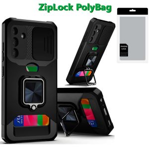 [PolyBag] For Samsung Galaxy A36 Multi-Functional Card Magnetic Ring Stand Hybrid Camera - Black
