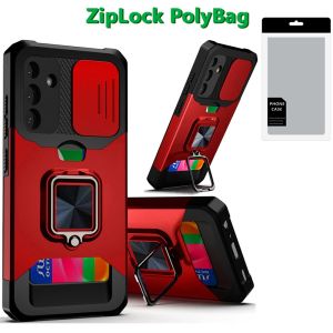 [PolyBag] For Samsung Galaxy A36 Multi-Functional Card Magnetic Ring Stand Hybrid Camera - Red