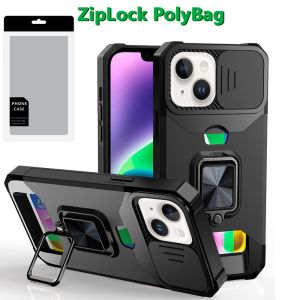 [PolyBag] For iPhone 14/13 Multi-Functional Card Magnetic Ring Stand Hybrid Camera - Black
