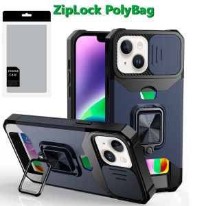 [PolyBag] For iPhone 14/13 Multi-Functional Card Magnetic Ring Stand Hybrid Camera - Blue