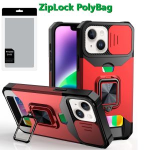 [PolyBag] For iPhone 14/13 Multi-Functional Card Magnetic Ring Stand Hybrid Camera - Red