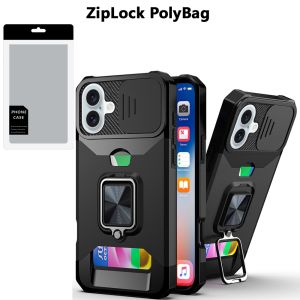 [PolyBag] For iPhone 16 6.1 inch Multi-Functional Card Magnetic Ring Stand Hybrid Camera - Black