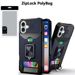 [PolyBag] For iPhone 16 6.1 inch Multi-Functional Card Magnetic Ring Stand Hybrid Camera - Blue