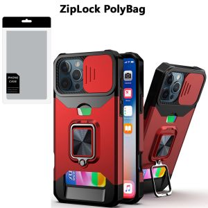[PolyBag] For iPhone 16 Pro 6.3 inch Multi-Functional Card Magnetic Ring Stand Hybrid Camera - Red
