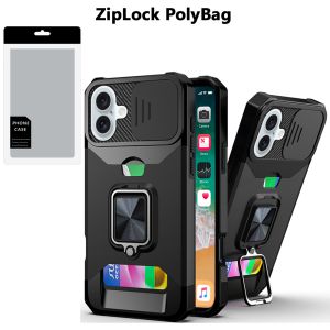 [PolyBag] For iPhone 16 Plus 6.7 inch Multi-Functional Card Magnetic Ring Stand Hybrid Camera - Black