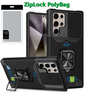 [PolyBag] For Samsung s25 Ultra Multi-Functional Card Magnetic Ring Stand Hybrid Camera Case Cover - Black