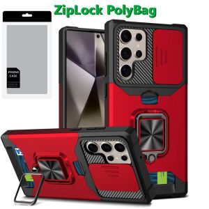 [PolyBag] For Samsung s25 Ultra Multi-Functional Card Magnetic Ring Stand Hybrid Camera Case Cover - Red