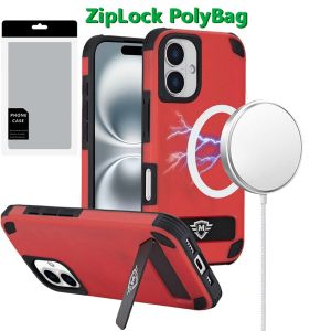 [PolyBag] For iPhone 16 6.1 inch Magnetic Heavy Duty Hybrid Case with Side Kick-Stand - Red