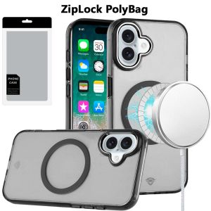 [PolyBag] For iPhone 16 Plus 6.7 inch Magnetic Circle Ring Transparent Premium Acrylic with Metal Buttons & Camera Raised Lip - Black