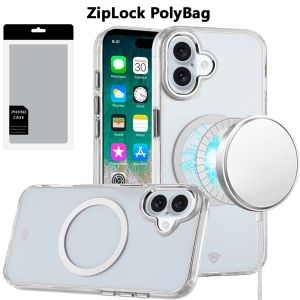 [PolyBag] For iPhone 16 Plus 6.7 inch Magnetic Circle Ring Transparent Premium Acrylic with Metal Buttons & Camera Raised Lip - Clear