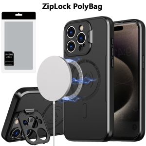 [PolyBag] For iP15 Pro Max Magnetic Ring Circle Camera Cap KickStand Hybrid UV Paint Matte Finish Case - Black